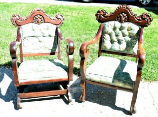 Antique Mahogany 2pc Matching Set " Carved Facial Image " Living Room Chairs Rare