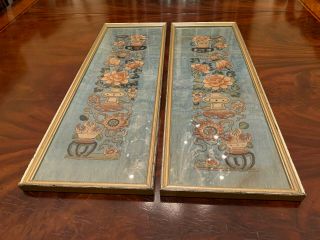 A Pair Chinese Qing Dynasty Embroidered Silk Panels,  Framed.