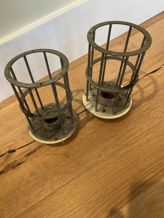 2 Antique Heavy Duty Light Cages W Sockets 1920’s Industrial