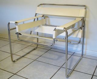 Mid - Century Modern Marcel Breuer Wassily Style Chrome Chair White Straps Exclnt