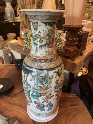 Antique Chinese Porcelain Asian Vase 23” Tall Small Chip Around Top See Photo
