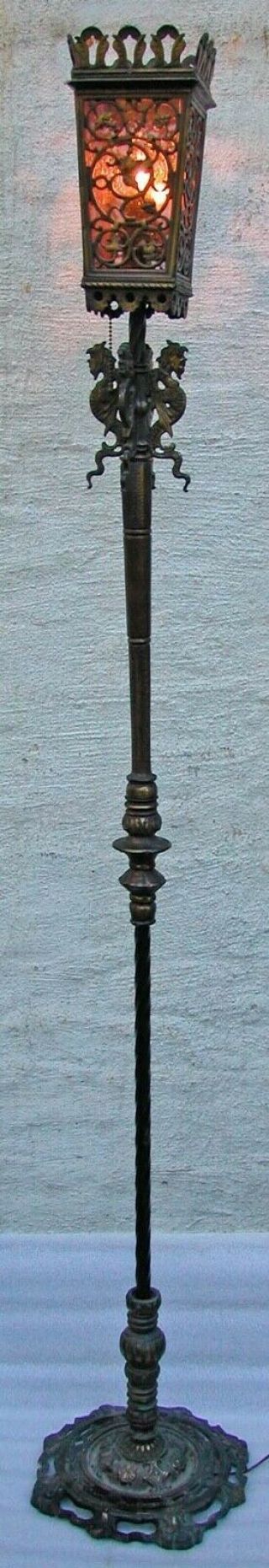 Antique Bach Style Bronze Torchiere Gothic Gargoyle Floor Lamp Amethyst Glass 64