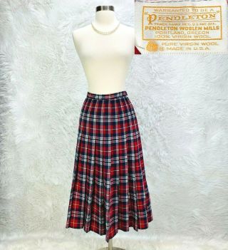 Pendleton Vtg 50s/60s Red Plaid Pleated Wool Midi Skirt Womens Sz 10 = 26 " Waist