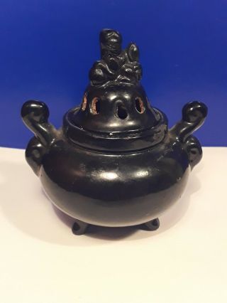 Vintage Japanese Koro Black Porcelain Incense Burner With Foo Dog