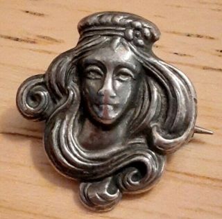 Antique Victorian Art Nouveau Lady Pin Brooch Sterling Silver Vintage Marked Old