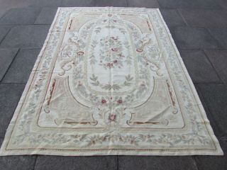 Vintage Hand Made French Design Needlepoint White Wool Rug 253x176cm