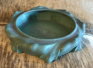 Antique Rare Matte Green Teco Pottery Squatted Waved 9.  5” Low Bowl 309