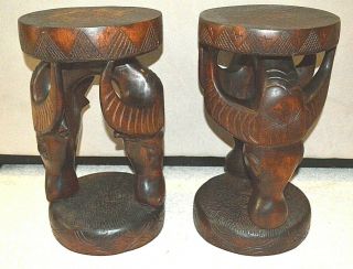 Set Of 2 Vintage African Asian Hand Carved Wood Stool Plant Stand Water Buffalo