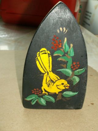 Vtg Antique Cast Sad Iron Primitive Hand Painted Floral U Dx 6 Yellow Bird