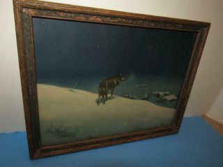 Vtg Antique Lone Wolf Print 8 X 10 Blue & Gold Wood Frame Picture Western Art