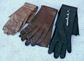 3 Pairs Vintage Kid Leather Long Gloves One Black With Buttons Two Brown
