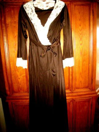 Vntg Peignoir Set Long Nightgown Robe Vanity Fair Brown & Lace Sz 36 Made In Usa