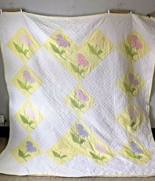 Vintage Floral Applique Cotton Quilt - Hand Stitched