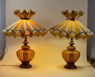 Vintage Antique Mid Century Hollywood Regency Amber Glass Lamps Pair