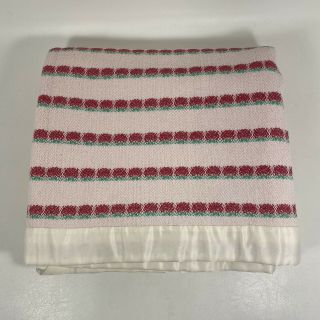 Vintage Satin Trimmed Woven Cotton Blanket 50 " X68 " Pink Green Stripe Throw Lap