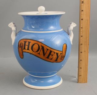 Large Antique 19thc Blue Glazed Pottery,  Medicinal Honey,  Apothecary Jar,  Nr