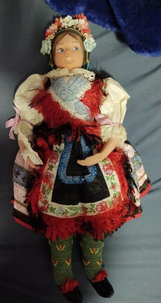Vintage Hungarian Matyo Embroidered Doll.  Rubber Face,  Cloth Body.