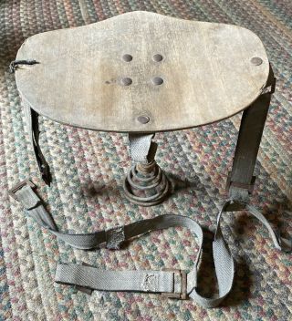 Vintage Wooden & Metal Portable Milking Seat With Canvas Waist Strap