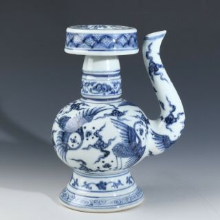 Antique Chinese Blue And White Porcelain Tea Pot With Crane