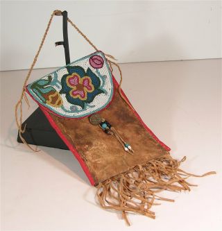 1890 Native American Plains Cree Indian Bead Decorated Buffalo Hide Dispatch Bag