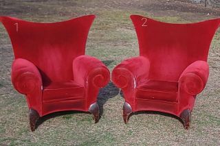 Vtg Set Of 2 Red Velvet Wing Back Chairs Oversized Alice In Wonderland