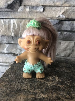 Vintage Unmarked Googly Eyed Troll Doll Brown Eyes Blond Rooted Hair Outfit