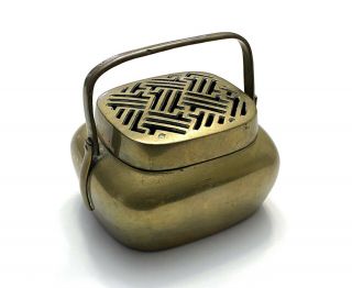 Small Antique Chinese Bronze Hand Warmer With Reticulated Cover