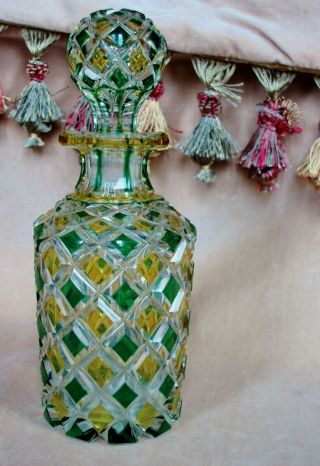 Antique Bohemian Flash - Cut Glass Scent Bottle Victorian Green Citron Overlay