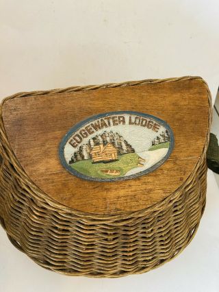 Vintage Edgewater Lodge Wicker Fly Fishing Creel Basket Canvas Strap