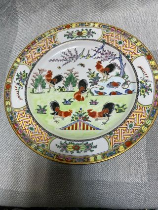 Antique Chinese Export Porcelain Plate With 5 Rooster Pattern Hand Painted