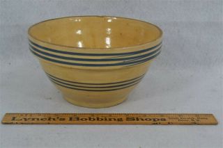 Old Yellow Ware Bowl Triple Blue Bands 8 X 4.  5 In.  Early