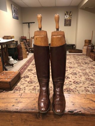 Antique Mens English Riding Boots With Wooden Boot Forms