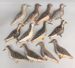 12 Antique Folk Art Painted Shorebird Nautical Tin Decoys Snipe Plover