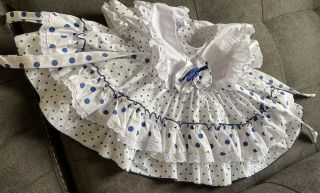 Vtg Girls Polka Dot Ruffle Pinafore Lace Full Skirt Dress Baby Blue White Euc