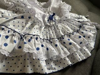 VTG Girls Polka Dot Ruffle Pinafore Lace Full Skirt Dress Baby Blue White EUC 2