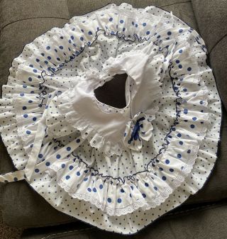 VTG Girls Polka Dot Ruffle Pinafore Lace Full Skirt Dress Baby Blue White EUC 3