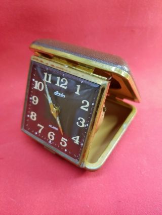 Vintage Linden Folding Travel Alarm Clock Square Brown Korea Windup