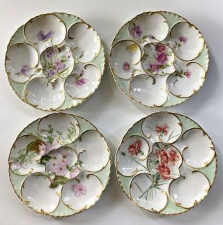 Haviland Limoges 4 French Hp Floral Antique Porcelain Oyster Plates Artist Sign
