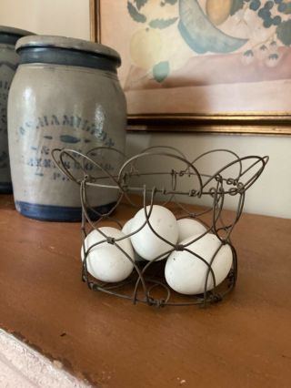 Antique / Vtg Primitive Collapsible Wire Egg Basket,  5 Wood Eggs Farmhouse