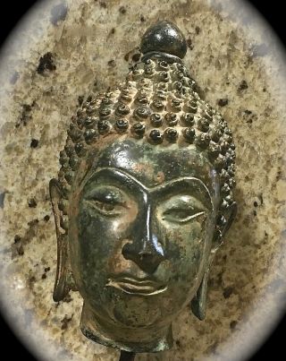 4.  5 In.  Apparent Antiquity Bronze Buddha Head On Museum Mount Buddhism Buddhist