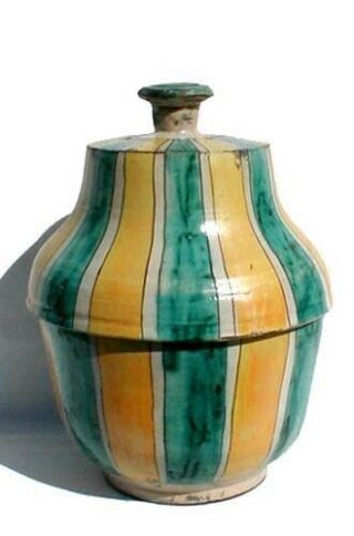 Antique Marked Fes: R,  Large Vertical Striped Italian Pottery Jar