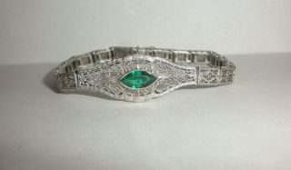 Antique Art Deco 10k White Gold With Emerald Filigree Bracelet