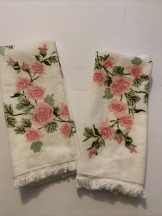 2pc Vtg Terri Down Pink Rose Floral Cotton 2 Hand Towels Irregulars