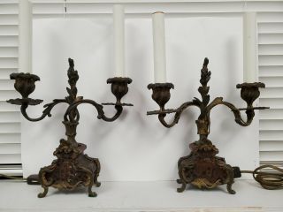 Antique French Bronze Candelabra Table Lamps With Enamel & Brass Inlay