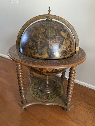 Antique/vtg Italian Zodiac World Globe Wood Barley Twist Bar Serving Cart