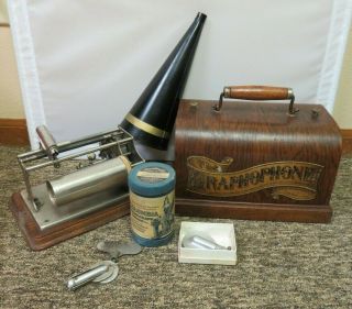 Antique Oak Columbia Graphophone Model Q Horn 2 Reproducer Key Cylinder