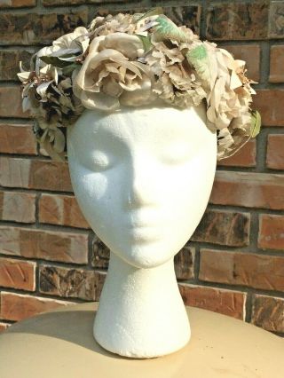 Antique Vintage Pale Taupe Ladies Hat Delicate Gray & White Flowers Rose Leaves