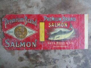 Antique Alaska Premium Brand Salmon Tin Can Label Getz Bros Sf Cal