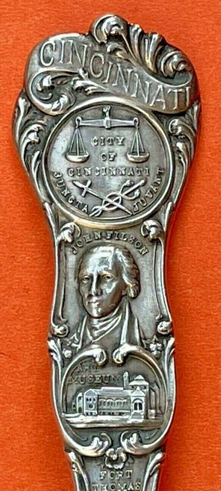 Fancy Big & Heavy 5 - 7/8” Cincinnati Ohio Fountain Sterling Silver Souvenir Spoon
