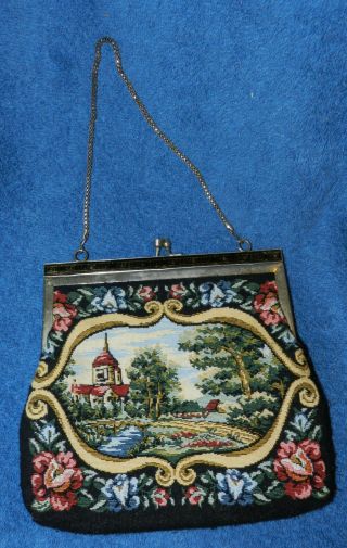 Vintage Black Tapestry Purse / Hand Bag Scene Is Church Stream,  Very Good Cond.